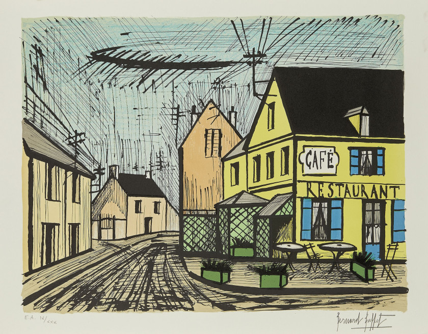 Bernard BUFFET (1928 - 1999) Mareuil, le Café jaune et bleu - 1985 Lithographie en 12 couleurs