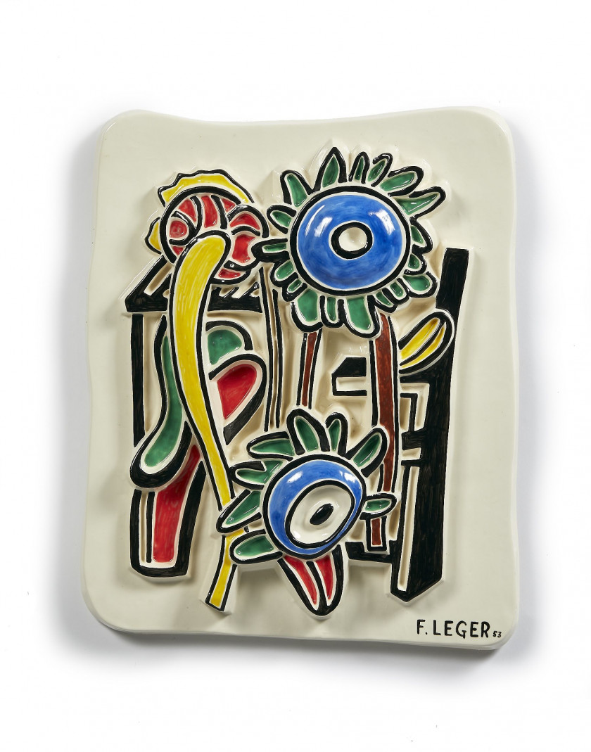 Fernand LEGER (d'après) & Claude BRICE  Composition aux deux tournesols bleu et vert - 1953 Céramique à décor polychrome émaillée