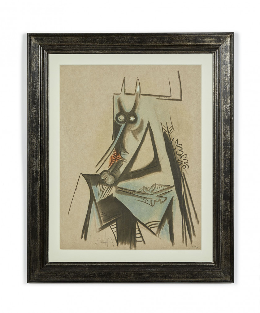 Wifredo LAM (1902 - 1982) Les vaches sont maigres en Haïti - 1973 Planche 6/6 de la suite illustrant "Le Regard vertical" - poèmes d...