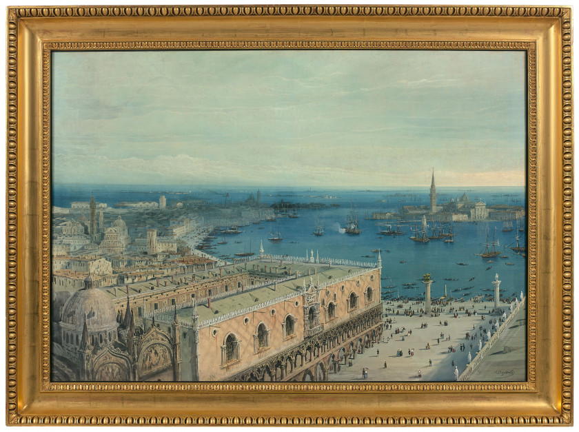 Carlo BOSSOLI Lugano, 1815 - Torino, 1884 Vue plongeante de Venise vers l'Ouest, prise du haut du campanile de San Marco Gouache sur..