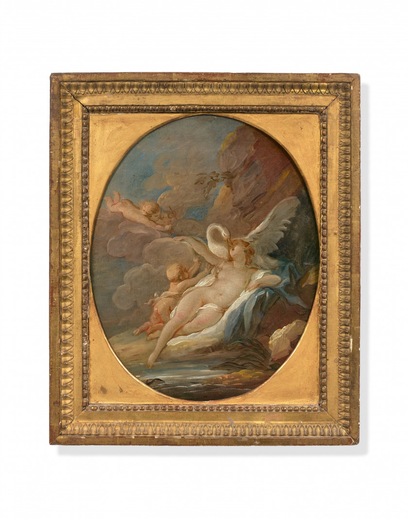 Attribué à Jean-Simon BERTHÉLEMY Laon, 1743 - Paris, 1811 Léda et le cygne Huile sur toile, de forme ovale