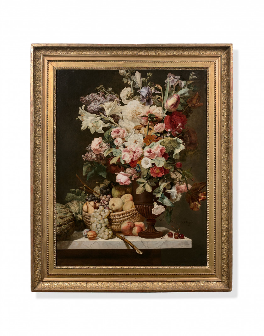 Antoine BERJON Lyon, 1754 - 1843 Vase de fleurs et corbeille de fruits sur un entablement Huile sur toile (Toile d'origine)