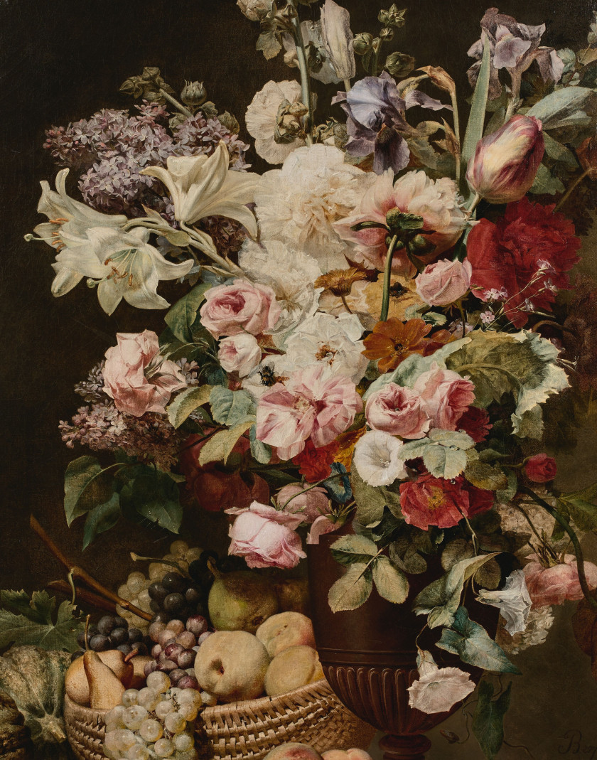 Antoine BERJON Lyon, 1754 - 1843 Vase de fleurs et corbeille de fruits sur un entablement Huile sur toile (Toile d'origine)