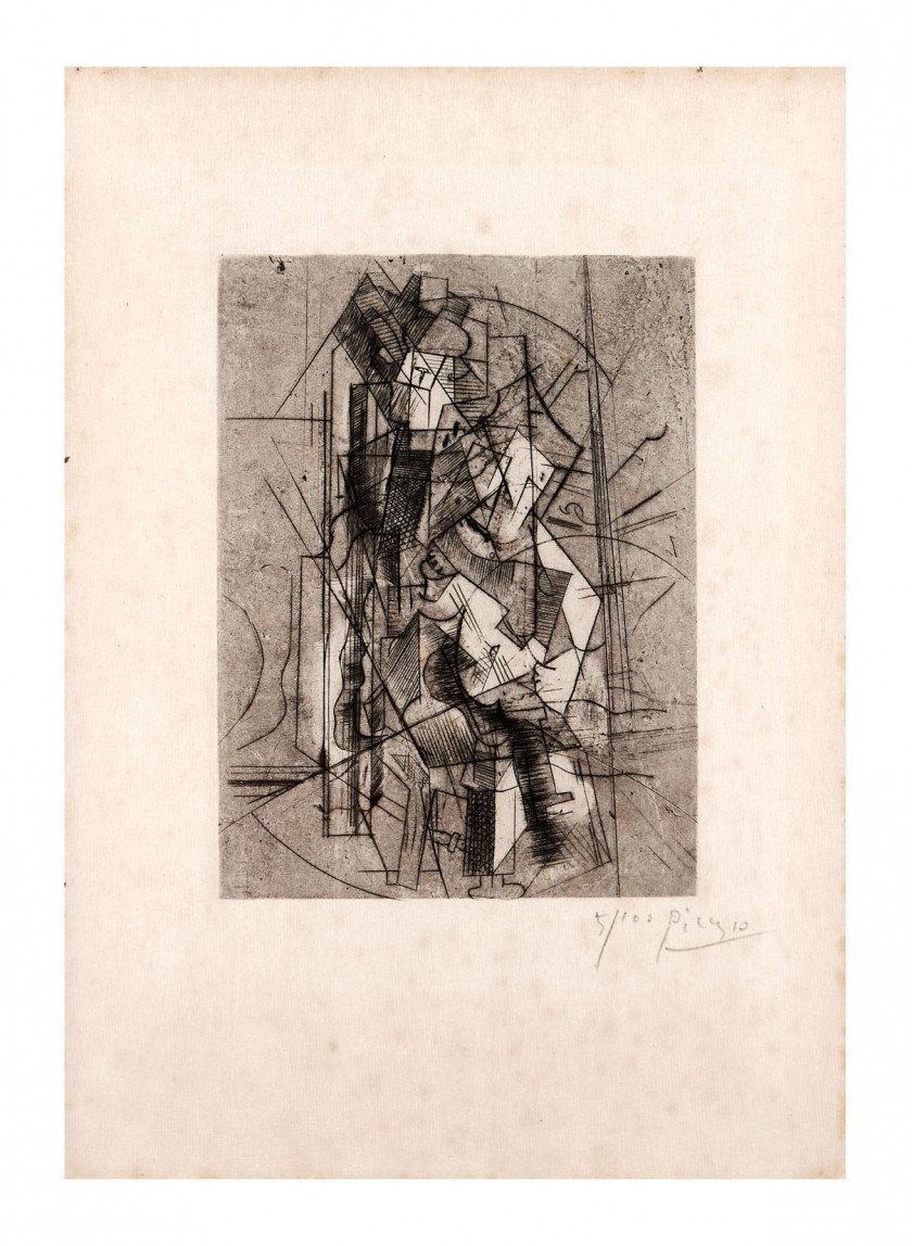 Pablo PICASSO (1881 - 1973) Homme à la guitare - IXème état (définitif) - 1915 Gravure au burin imprimée sur Japon