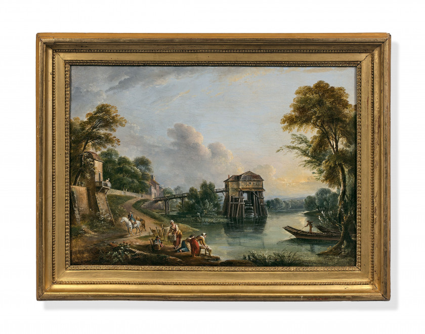 Jean-Baptiste LALLEMAND Dijon, 1716 - Paris, 1803 Lavandières au pied du moulin de Conflans, près de Charenton Huile sur toile