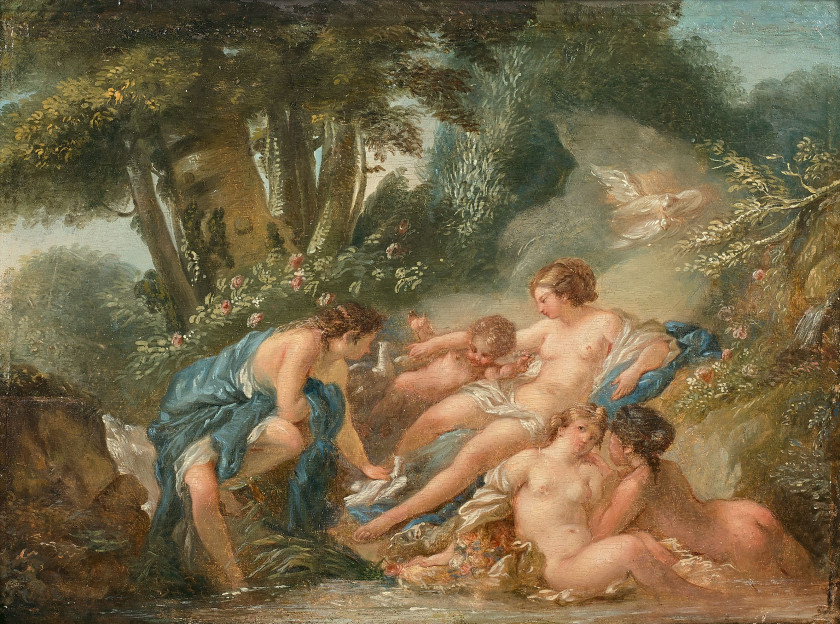 Attribué à Jacques-Philippe Joseph de SAINT-QUENTIN Paris, 1738 - après 1780 Le repos de Vénus Huile sur panneau, agrandi d'1 cm en...