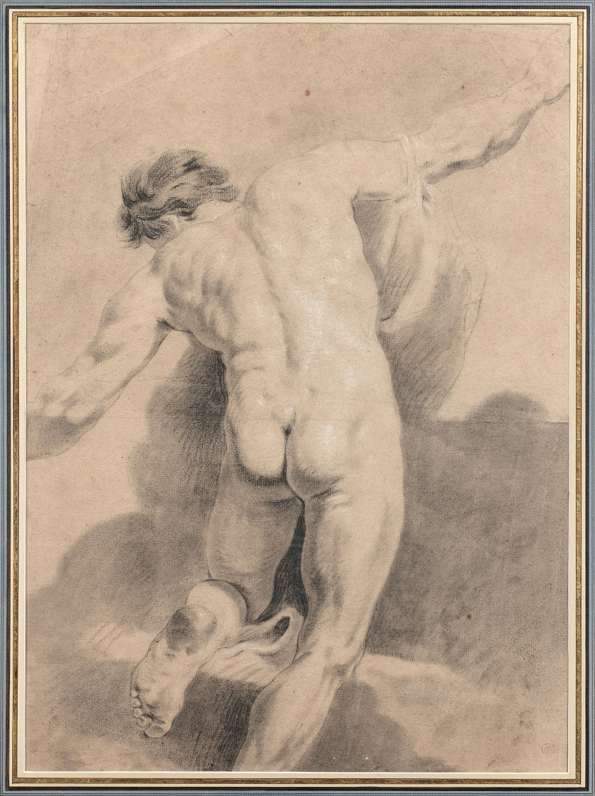 Jean-Baptiste Marie PIERRE Paris, 1714 - 1789 Académie d'homme vu de dos Crayon noir, estompe et rehauts de craie blanche