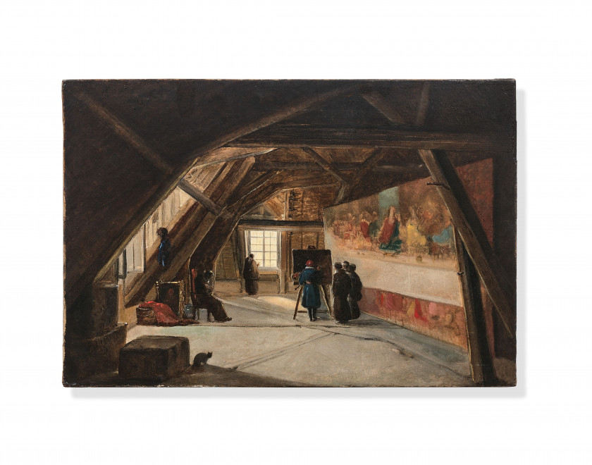 François-Marius GRANET Aix-en-Provence, 1775 - 1849 L'atelier du peintre, avec la Cène de Léonard de Vinci Huile sur toile (Toile d'.