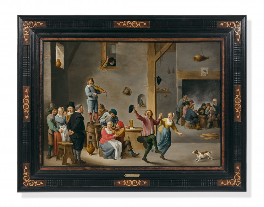 Thomas van APSHOVEN Anvers, 1622 - 1664 Scène de réjouissances dans une taverne, d'après David Teniers Huile sur panneau de chêne