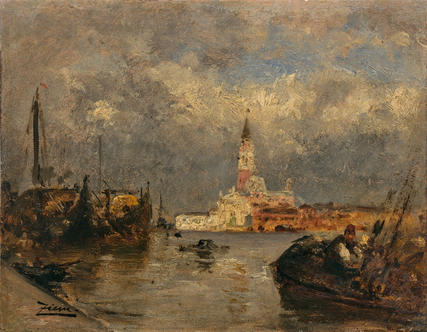 Félix ZIEM Beaune, 1821 - Paris, 1911 Vue de San Giorgio Maggiore, Venise Huile sur papier marouflé sur panneau d'acajou