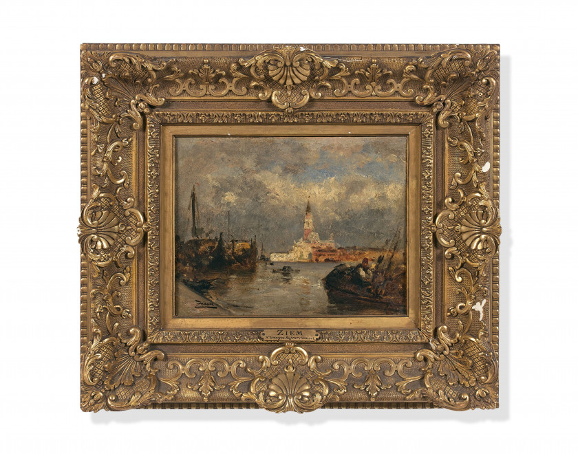 Félix ZIEM Beaune, 1821 - Paris, 1911 Vue de San Giorgio Maggiore, Venise Huile sur papier marouflé sur panneau d'acajou