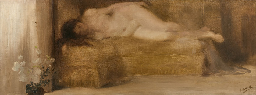Henry LEROLLE Paris, 1848 - (?), 1929 Nu féminin allongé Huile sur toile (Toile d'origine)