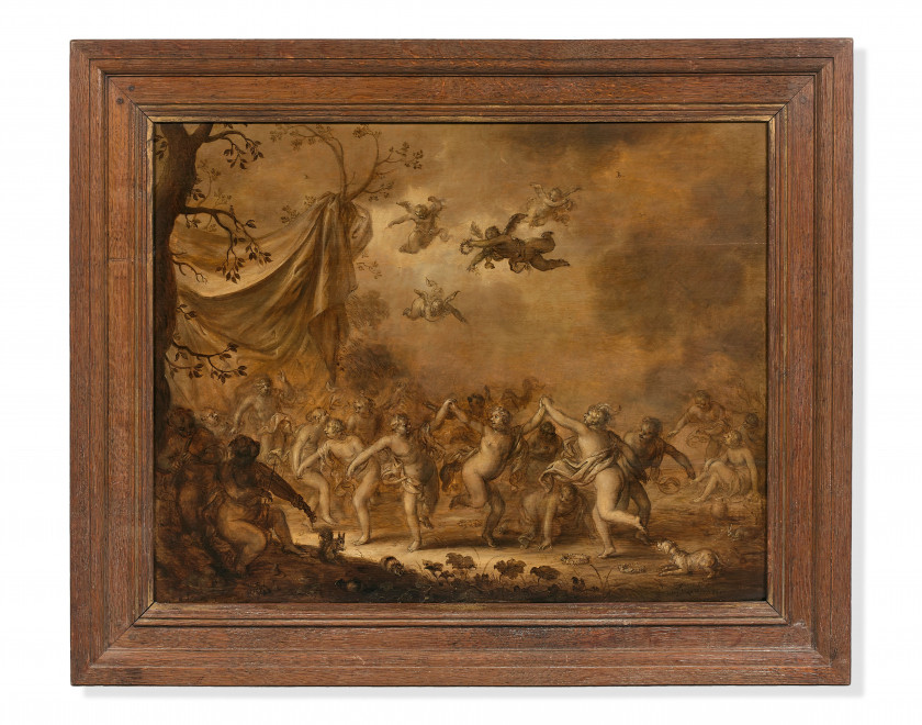 Adriaen van de VENNE Delft, 1589 - La Haye, 1662 Danse de nymphes Huile sur panneau de chêne, trois planches, parqueté, en camaïeu d...