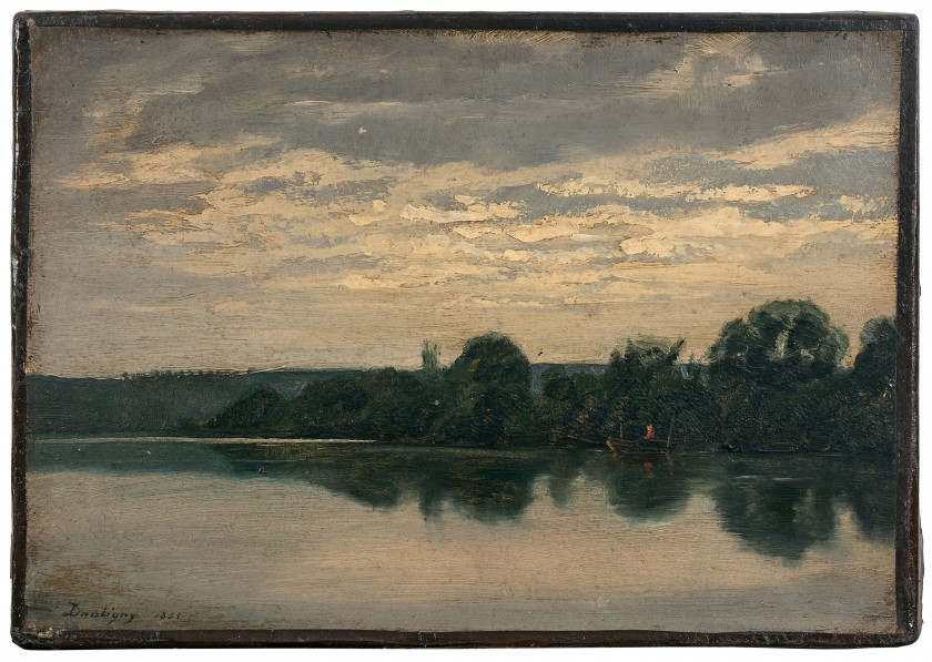 Charles-François DAUBIGNY Paris, 1817 - 1878 Pêcheur sur sa barque en bord de rivière Huile sur papier marouflé sur toile