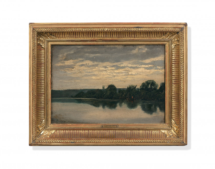 Charles-François DAUBIGNY Paris, 1817 - 1878 Pêcheur sur sa barque en bord de rivière Huile sur papier marouflé sur toile