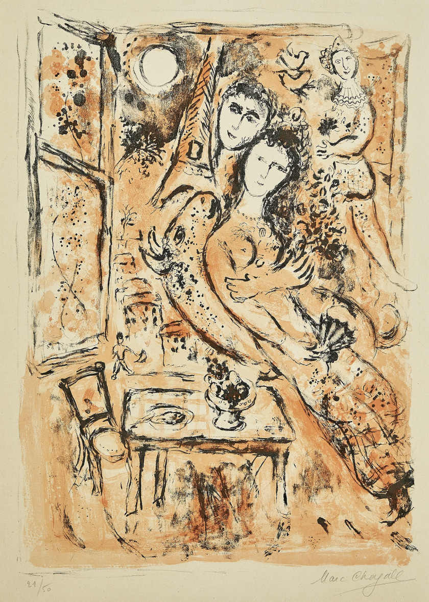 Marc CHAGALL (1887 - 1985) Couple à l'éventail - 1963 Lithographie en couleurs