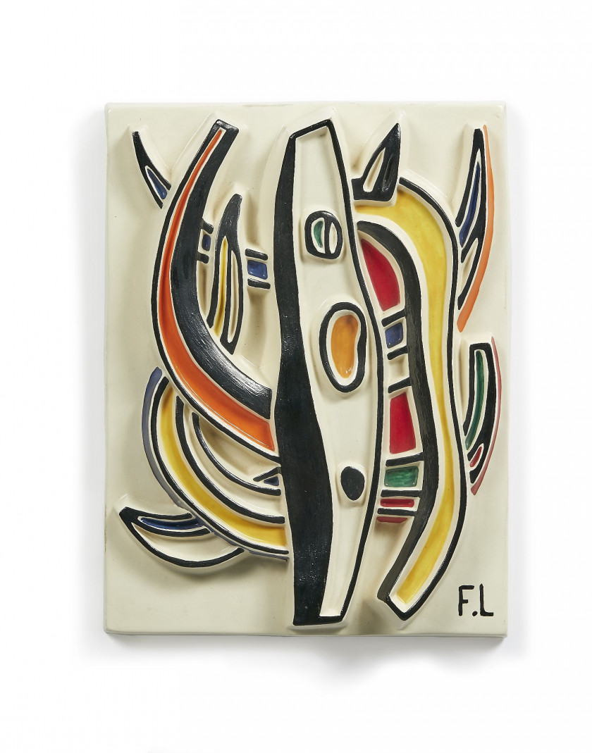 Fernand LEGER (d'après) & Claude BRICE  Composition abstraite - sur le modèle de 1953 - circa 1950 Céramique à décor polychrome émai..