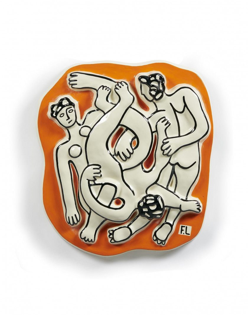 Fernand LEGER (d'après) & Claude BRICE  Les acrobates sur fond orange - Circa 1950 Céramique à décor polychrome émaillée