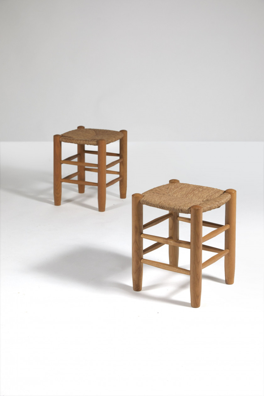 Charlotte PERRIAND 1903-1989 Deux tabourets paillés n°17 dits « Bauche » - le modèle créé circa 1933