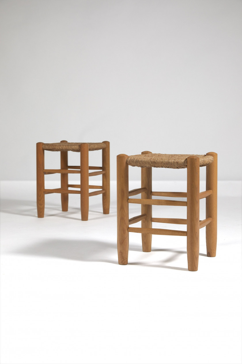 Charlotte PERRIAND 1903-1989 Deux tabourets paillés n°17 dits « Bauche » - le modèle créé circa 1933