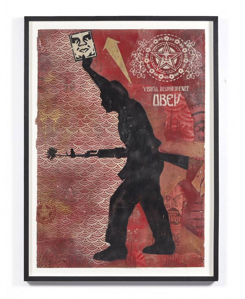 Shepard FAIREY ( OBEY GIANT) (Américain - Né en 1970) Obey Visual Disobedience - 2004 Pochoir, peinture aérosol et collages sur papi...