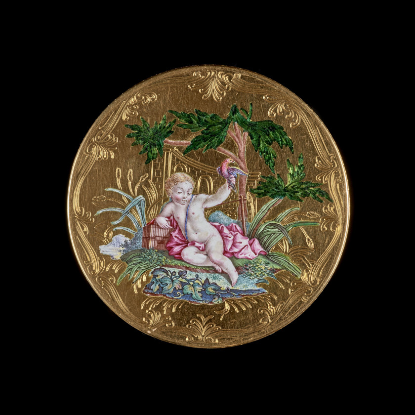 PETITE BOÎTE RONDE EN OR 18 k (750) ET ÉMAIL Poinçon du Maître orfèvre Henri Delobel, reçu en 1756 Paris 1753-1754