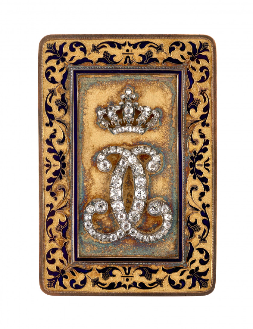 TABATIÈRE DE PRÉSENT EN OR DE COULEURS 18 k (750), ÉMAIL ET DIAMANTS AU MONOGRAMME DE CHARLES X Par Gabriel-Raoul Morel Paris, 1819-...