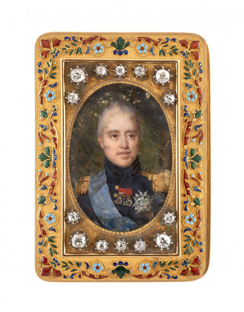 TABATIÈRE DE PRÉSENT EN OR, ÉMAIL ET DIAMANTS ORNÉE D'UNE MINIATURE, PORTRAIT DU ROI CHARLES X Par Gabriel-Raoul Morel Début du XIXe..