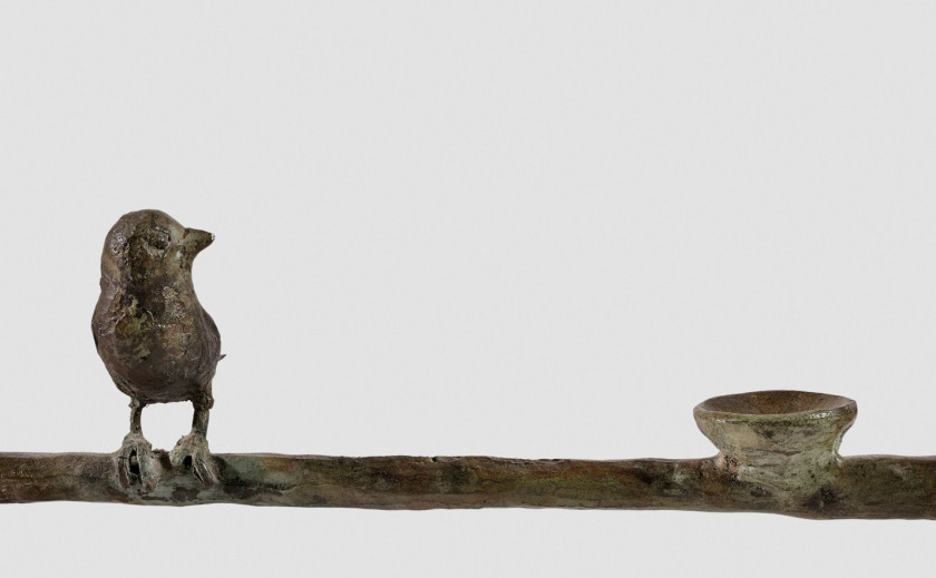 Diego GIACOMETTI 1902- 1985 Table feuilles aux oiseaux et aux grenouilles Bronze à patine brune et dorée