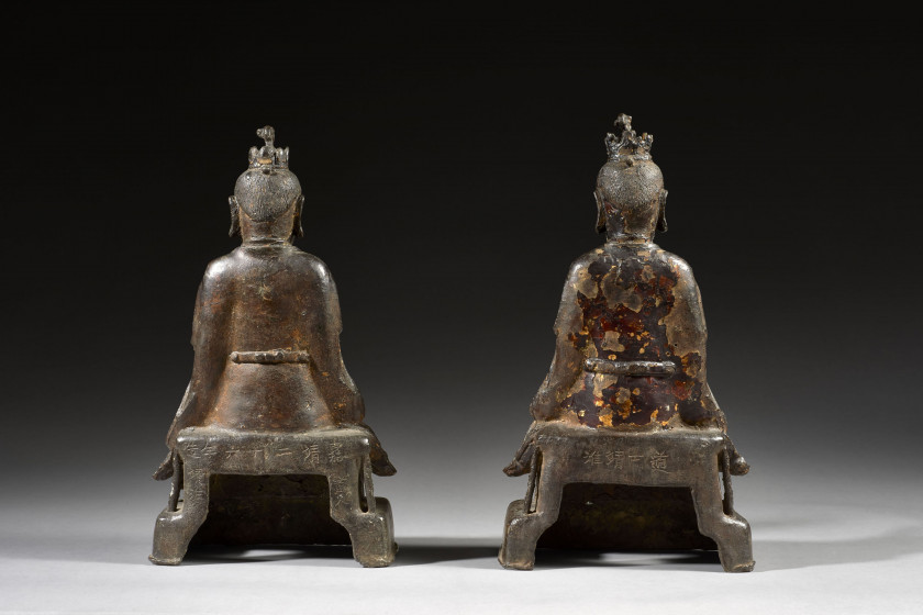 DEUX STATUES D'IMMORTELS TAOÏSTES EN BRONZE LAQUÉ, Chine, dynastie Ming, datées d'époque Jiajing, 1547