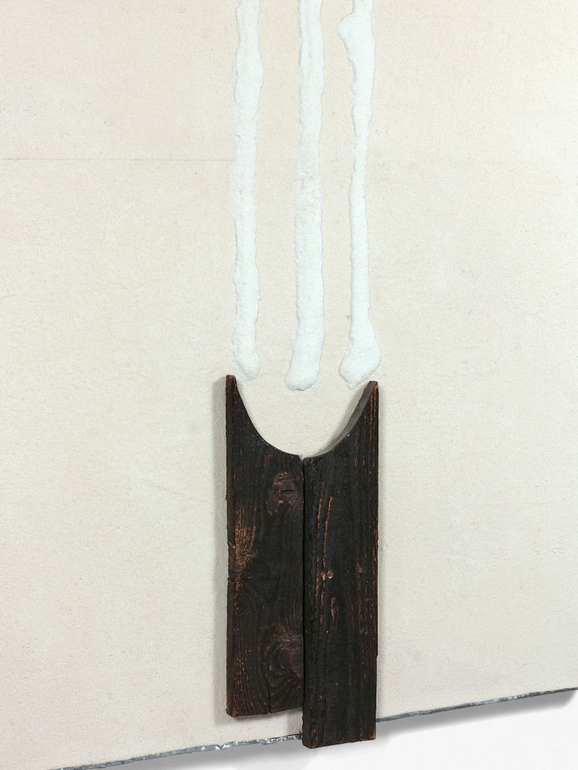 ¤ Pier Paolo CALZOLARI (Né en 1943) UNTITLED - 1989 Sel, bois brûlé et plomb sur fibre de verre