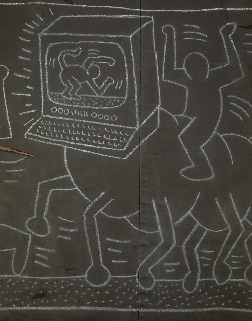 Keith HARING (Américain - 1958 - 1990) Sans titre (Subway drawing ) - 1984 Craie sur papier noir déchiré