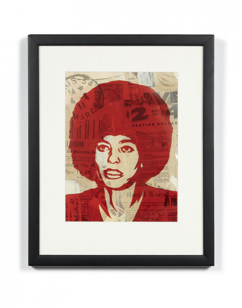 Shepard FAIREY ( OBEY GIANT) (Américain - Né en 1970) Angela 98 Rubylith - 2011 Rubylith collé sur papiers journaux