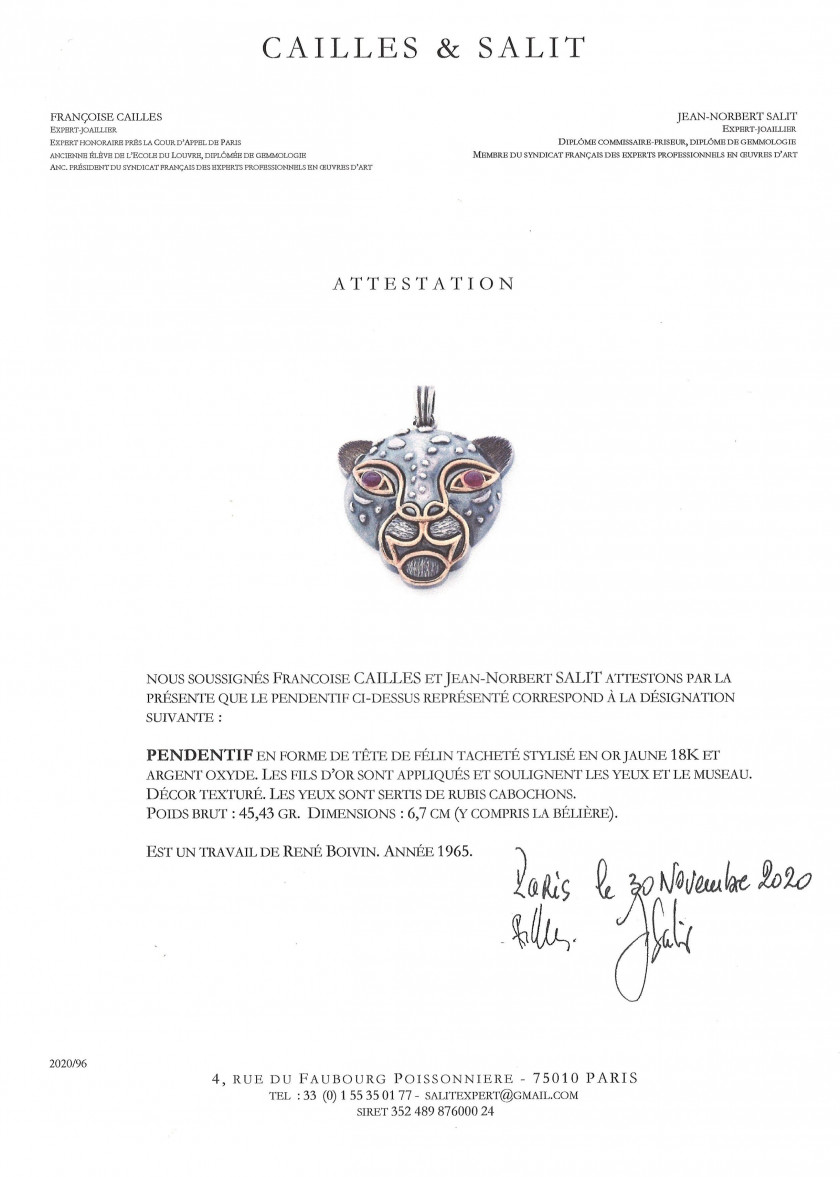 René BOIVIN  Pendentif "Panthère" en argent, or et rubis, vers 1965, Certificat Cailles Salit A silver, gold and ruby "panther" pendan