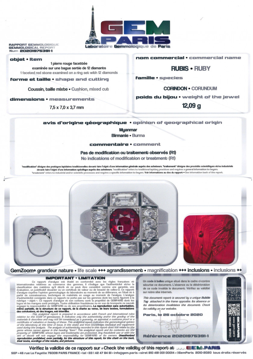 BOUCHERON Bague platine, rubis (GEM Paris: Birmanie, non chauffé) diamants, v. 1925 A ruby (GEM Paris: Burma, no heat), diamond and pl