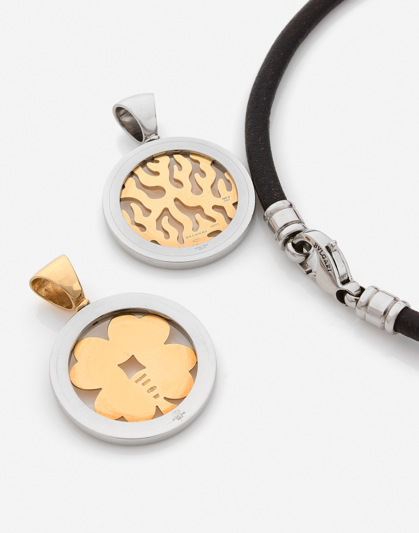 BULGARI Collier "Tondo" avec deux pendentifs, or, acier et diamants A diamond, gold and steel necklace with two pendants