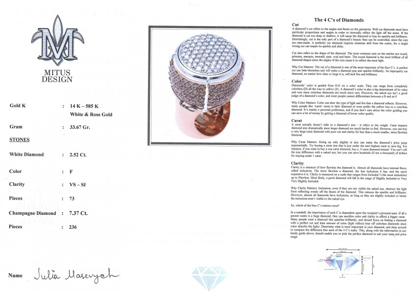 Bague "Bouchon de Champagne"  Or, diamants blancs et champagne A white and champagne diamond and gold "cork of champagne" ring