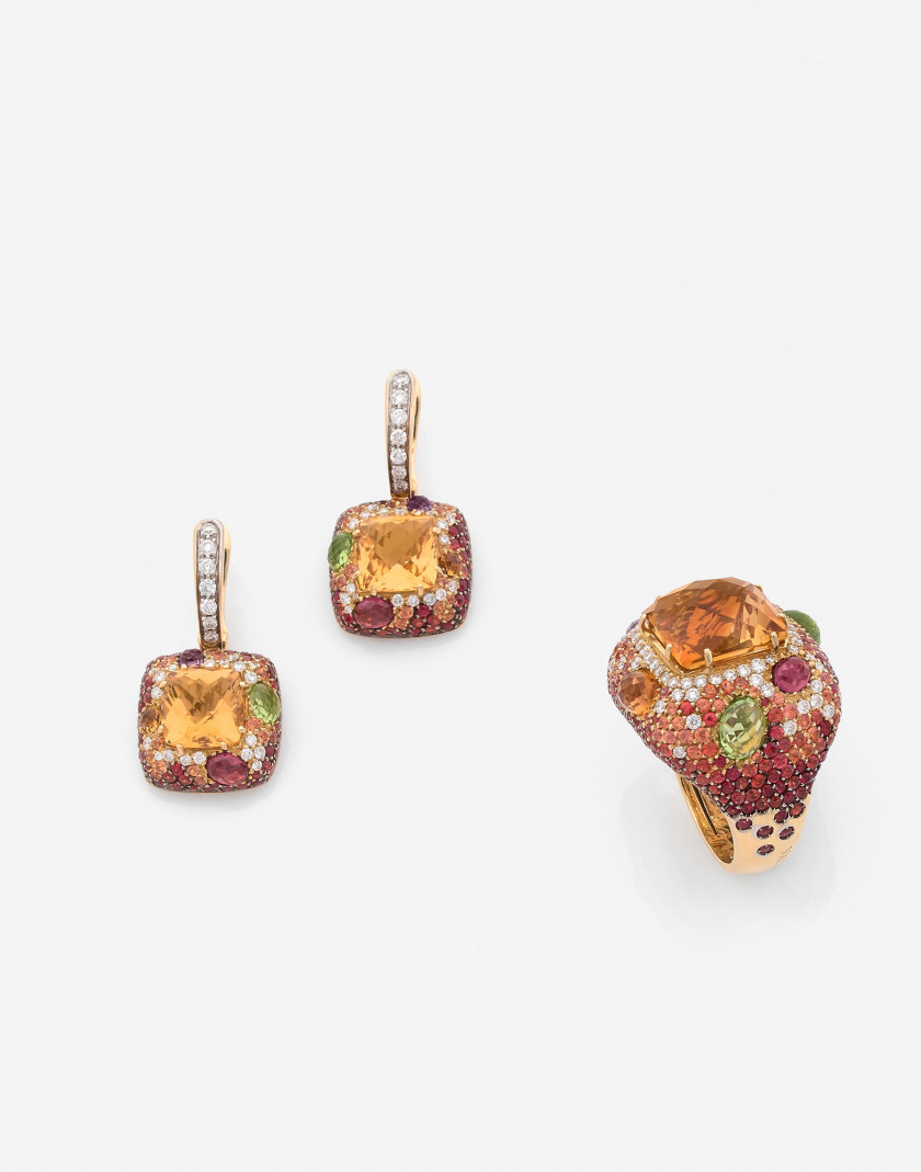 VALENTE Bague et pendants d'oreilles en or, citrine, diamant, saphirs et pierres fines A citrine, sapphire, diamond, gemstones and go