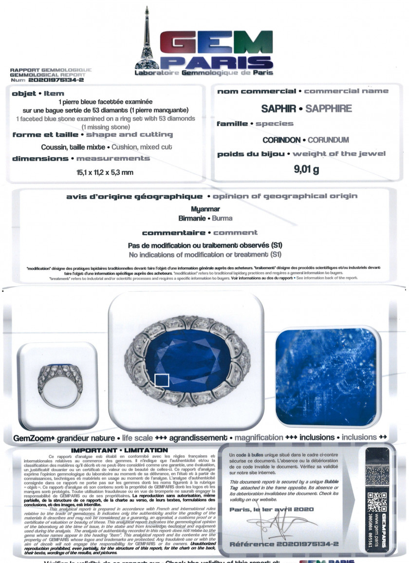 Bague Platine, saphir env. 8 cts (GEM Paris: Birman, non chauffé) diamants, v. 1910 An approx. 8 ct sapphire, diamond, and platinum r