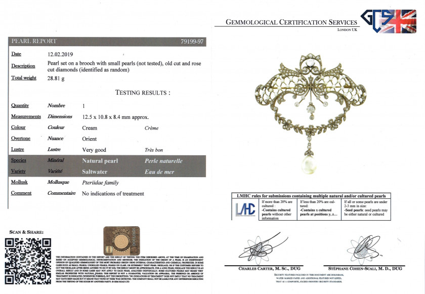 Devant de corsage et chaîne Or, argent, platine, diamants, perle fine (GCS) A diamond, natural pearl, gold, silver and platinum brooc