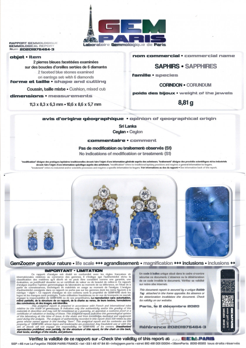 Boucles d'oreilles en or, diamants et saphirs (GEM Paris:  Sri Lanka, non chauffé) A pair of sapphire (GEM Paris: Sri Lanka, no heat)