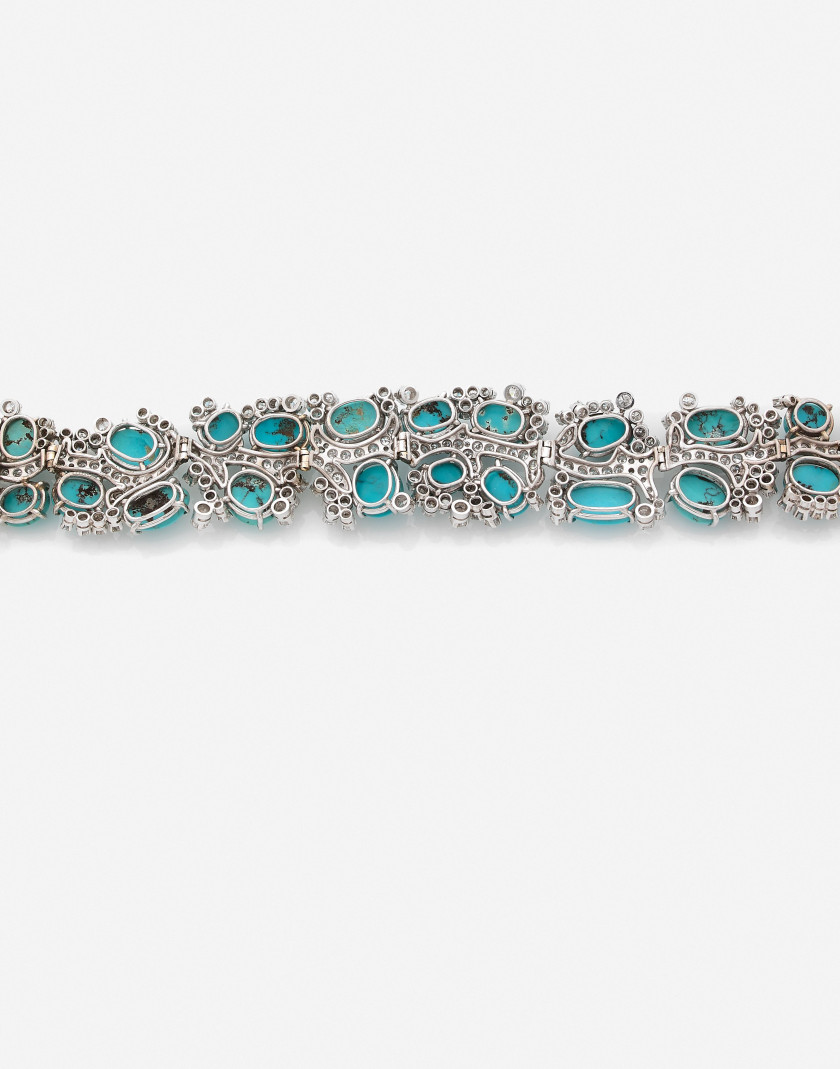 Bracelet articulé or, turquoises et diamants A diamond, turquoise and gold bracelet