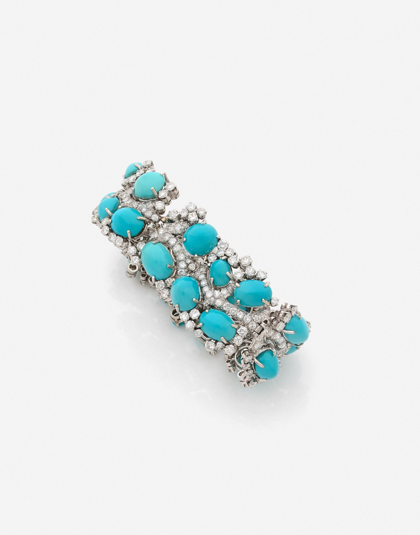 Bracelet articulé or, turquoises et diamants A diamond, turquoise and gold bracelet