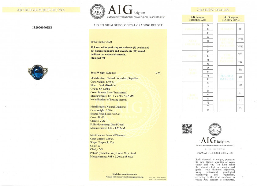 Bague en or, diamants et saphir 5.40 ct (AIG & CGL: Sri Lanka, non chauffé) A 5.40 ct sapphire (AIG & CGL: Sri Lanka, no heat), diamon