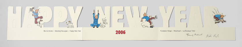 CARTES DE VŒUX 2001 à 2020  Ensemble de 20 cartes de vœux des Studios Hergé pour les années 2001 à 2020. Signé Fanny et Nick Rodwell.