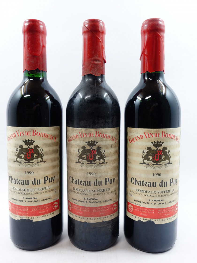 3 bouteilles CHÂTEAU DU PUY 1990 Bordeaux (étiquettes abimées, déchirées