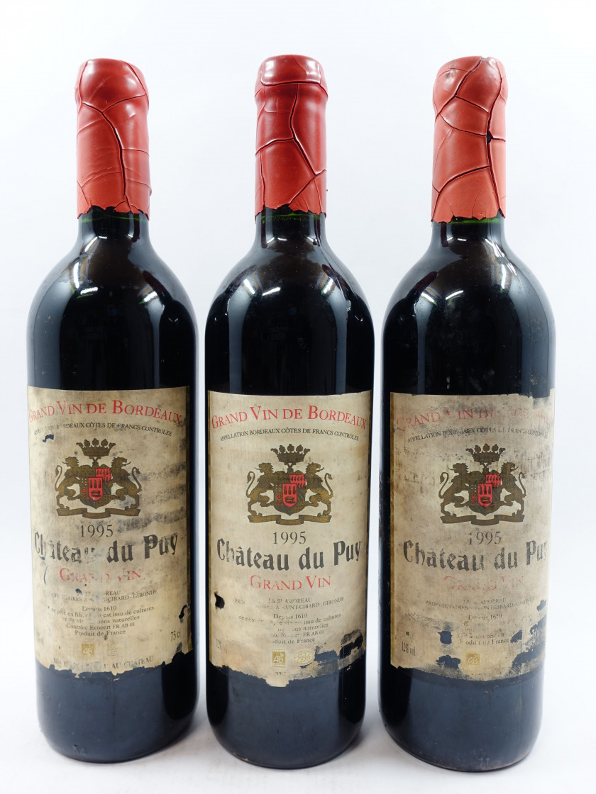 3 bouteilles CHÂTEAU DU PUY 1995 Bordeaux (étiquettes très abimées, déchirées