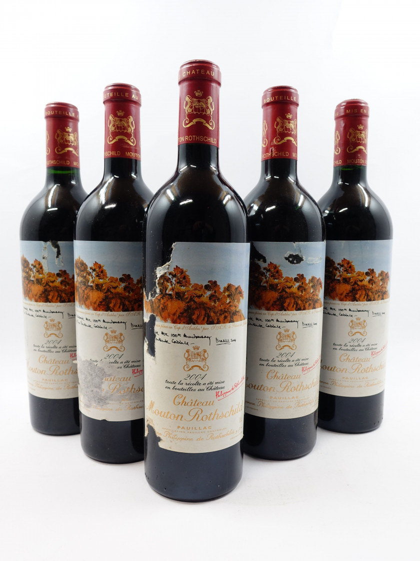 5 bouteilles CHATEAU MOUTON ROTHSCHILD 2004 1er GC Pauillac (étiquettes et contre étiquettes abimées