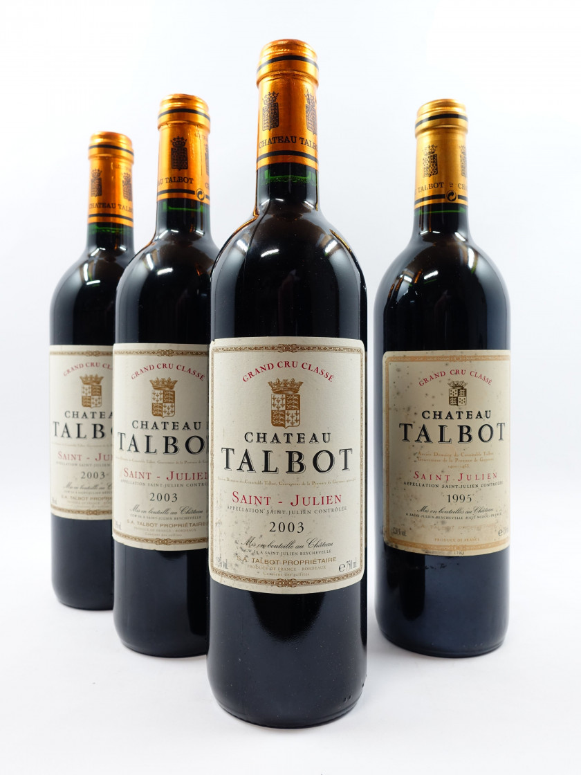 4 bouteilles 1 bt : CHÂTEAU TALBOT 1995 4è GC Saint Julien (étiquette tachée)