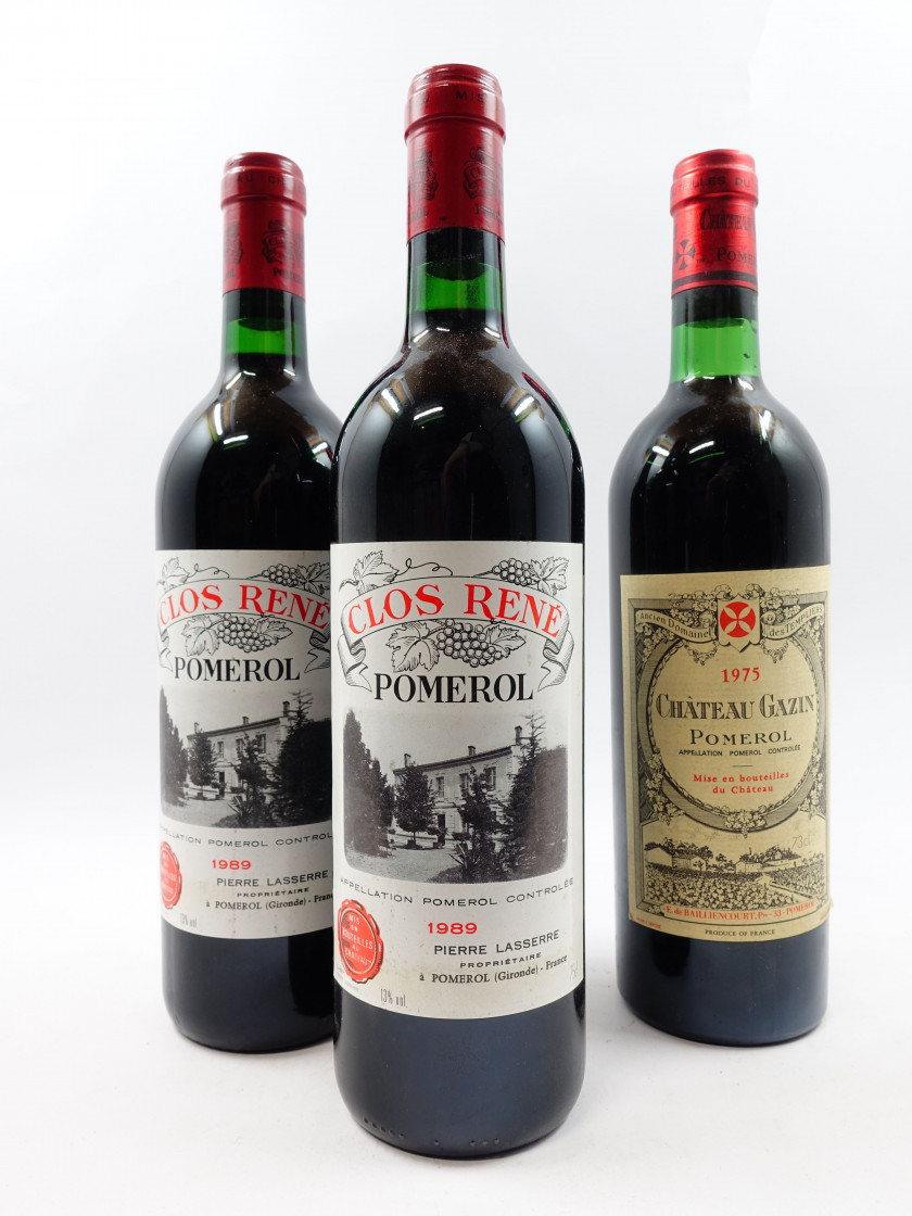 3 bouteilles 2 bts : CLOS RENE 1989 Pomerol (étiquettes fanées)